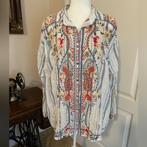Johnny Was Workshop Tikal Embroidered Oversized Button-Up Shirt